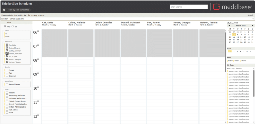Meddbase side-by-side schedule showing appointments across multiple clinic locations in one view